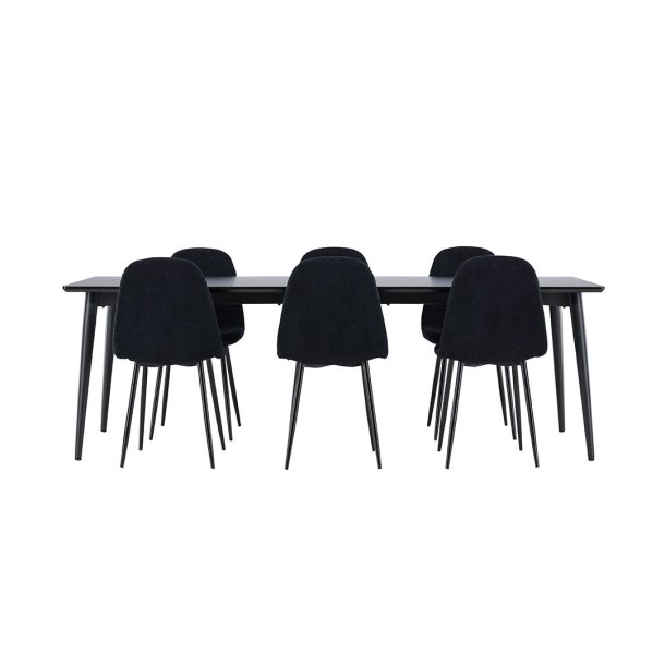 Ellis eethoek tafel 85x230cm en 6 teddy stoelen zwart.
