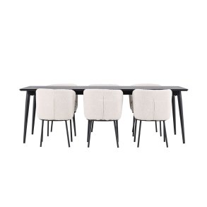 Ellis eethoek tafel 85x230cm en 6 boucl� stoelen zwart.