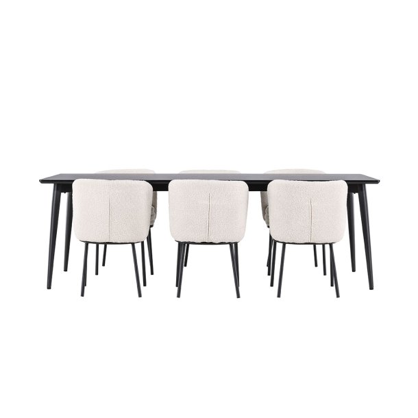 Ellis eethoek tafel 85x230cm en 6 boucl� stoelen zwart.
