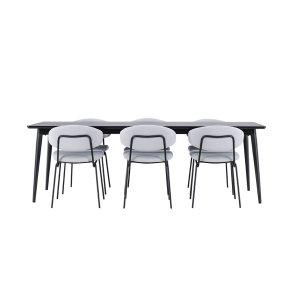 Ellis eethoek tafel 85x230cm en 6 boucl� stoelen zwart.