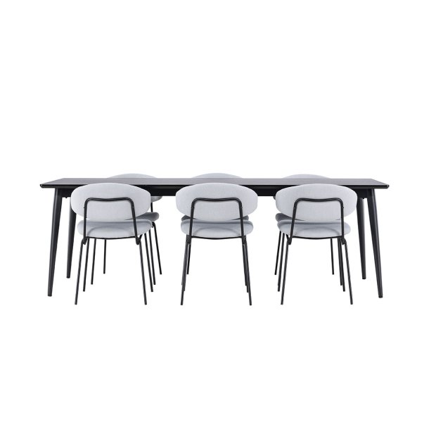 Ellis eethoek tafel 85x230cm en 6 boucl� stoelen zwart.