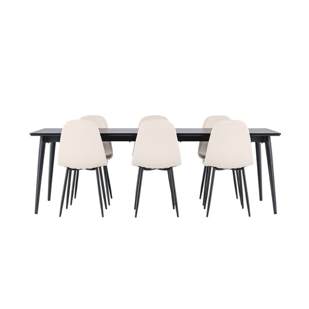 Ellis eethoek tafel 85x230cm en 6 velours stoelen zwart.