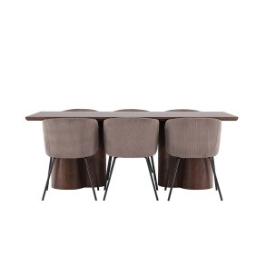 Olivia eethoek tafel 100x210cm en 6 fluwelen stoelen met armleuningen mocca.