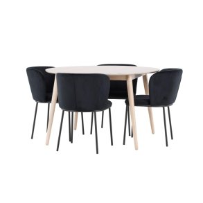 Flora Essgruppe Tisch Ø120cm und 4 Stühle whitewash, schwarz.