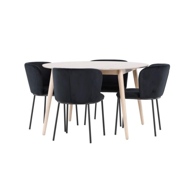 Flora Essgruppe Tisch Ø120cm und 4 Stühle whitewash, schwarz.