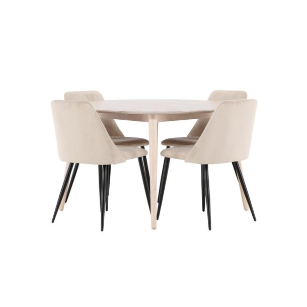 Flora Essgruppe Tisch Ø120cm und 4 Stühle whitewash, beige.