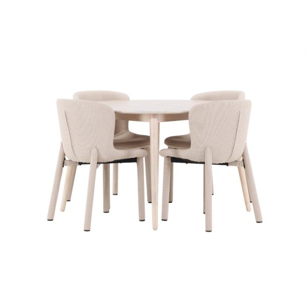 Flora Essgruppe Tisch Ø120cm und 4 Stühle whitewash, beige.
