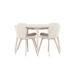 Flora Essgruppe Tisch Ø120cm und 4 Stühle whitewash, beige.