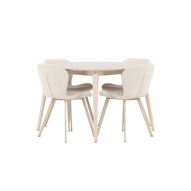 Flora Essgruppe Tisch Ø120cm und 4 Stühle whitewash, beige.