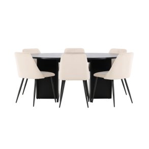 Strada Essgruppe Ausziehtisch Ø120cm, 170cm und 6 Stühle schwarz, beige.