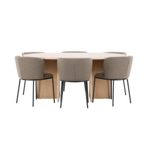 Strada Essgruppe Ausziehtisch Ø120cm, 170cm und 6 Stühle whitewash, braun.