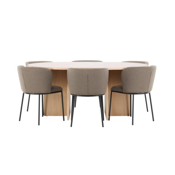 Strada Essgruppe Ausziehtisch Ø120cm, 170cm und 6 Stühle whitewash, braun.