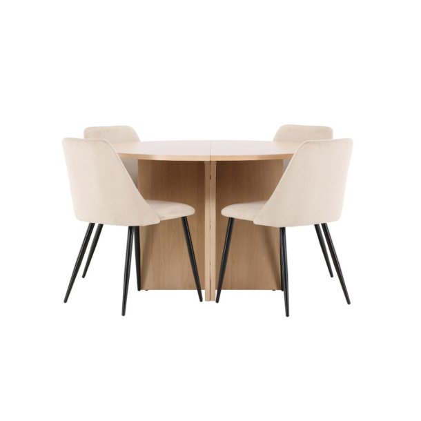 Strada Essgruppe Ausziehtisch Ø120cm, 170cm und 4 Stühle whitewash, beige.