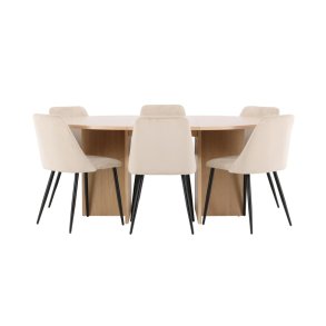 Strada Essgruppe Ausziehtisch Ø120cm, 170cm und 6 Stühle whitewash, beige.