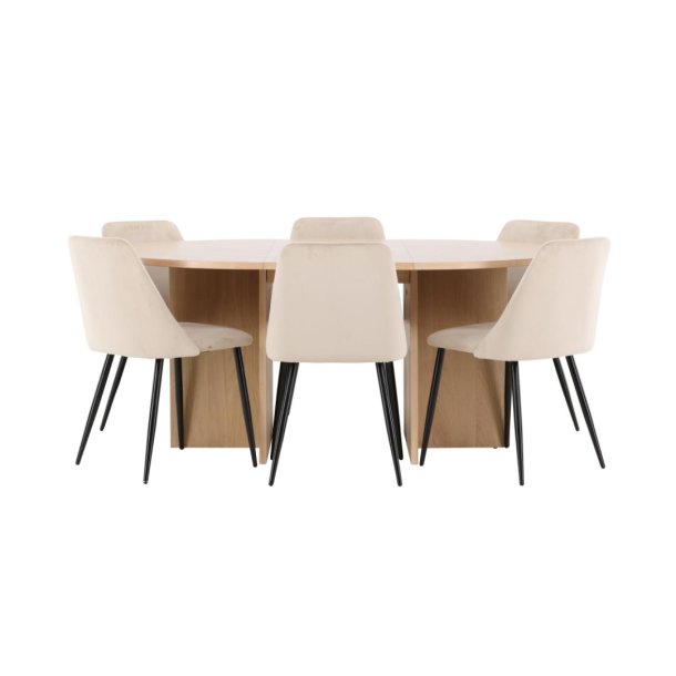 Strada Essgruppe Ausziehtisch Ø120cm, 170cm und 6 Stühle whitewash, beige.