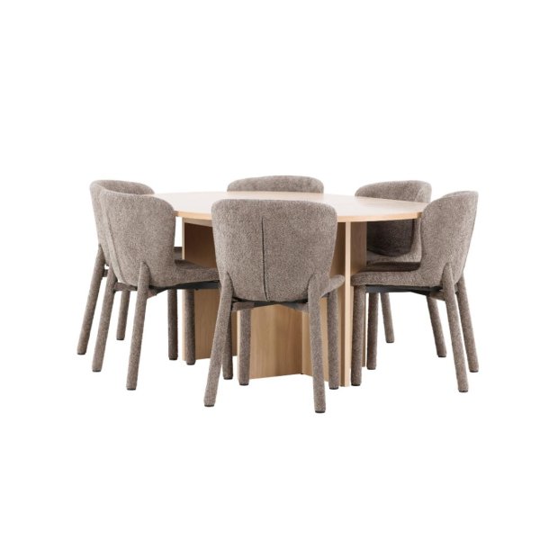 Strada Essgruppe Ausziehtisch Ø120cm, 170cm und 6 Stühle whitewash, braun.