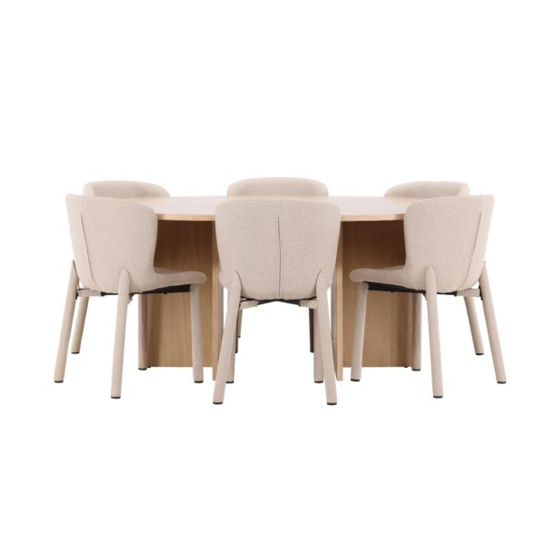Strada Essgruppe Ausziehtisch Ø120cm, 170cm und 6 Stühle whitewash, beige.