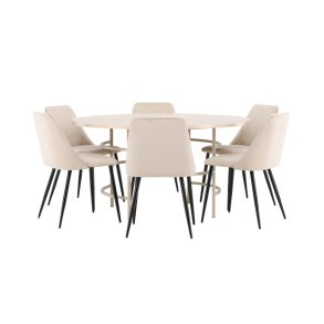 Copenhagen Essgruppe Tisch Ø140cm und 6 Stühle whitewash, beige.