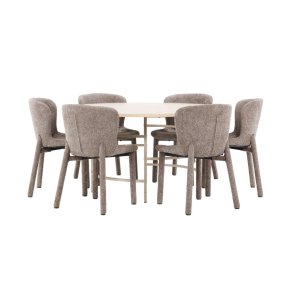 Copenhagen Essgruppe Tisch Ø140cm und 6 Stühle whitewash, braun.