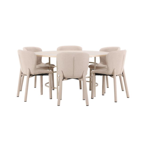 Copenhagen Essgruppe Tisch Ø140cm und 6 Stühle whitewash, beige.