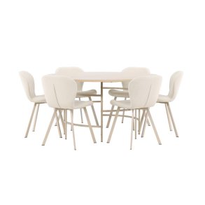 Copenhagen Essgruppe Tisch Ø140cm und 6 Stühle whitewash, beige.