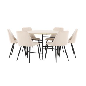 Copenhagen Essgruppe Tisch Ø140cm und 6 Stühle whitewash, beige.