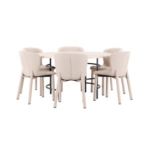 Copenhagen Essgruppe Tisch Ø140cm und 6 Stühle whitewash, beige.