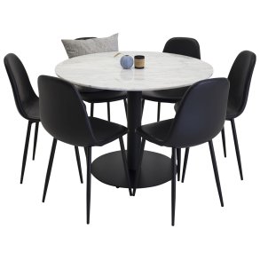 EstelleØ106WHBL matgrupp  vit, marmor och 6 Polar matstola svart PU konstläder.