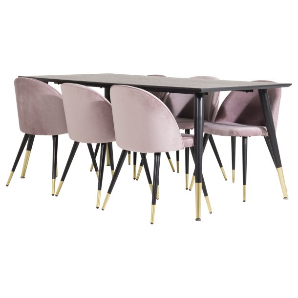 Dipp180x90BLBR spisebordsst spisebord sort og 6 Velvet stole velour pink, sort, messing dekor.