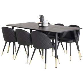 Dipp180x90BLBR matgrupp matbord svart och 6 Velvet matstola PU konstlder svart.