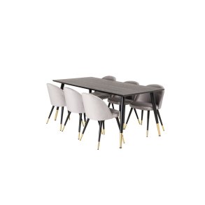 Dipp180x90BLBR matgrupp matbord svart och 6 Velvet matstola velour ljusgrtt.