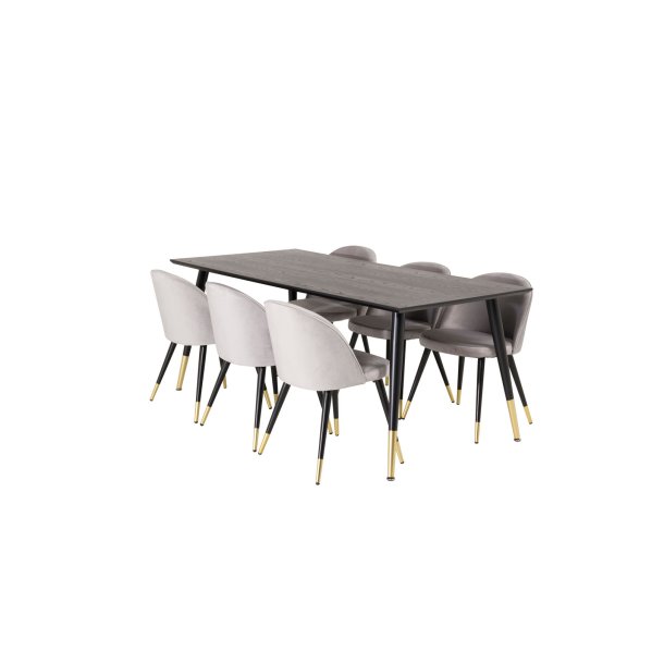 Dipp180x90BLBR spisebordsst spisebord sort og 6 Velvet stole velour lysegr.