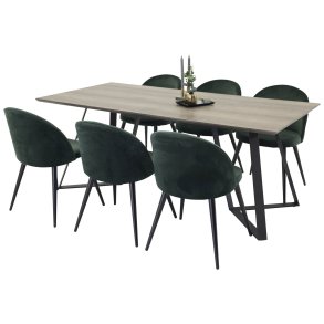 MarinaGRBL matgrupp matbord el träd dekor grå och 6 Velvet matstola velour grön, svart.