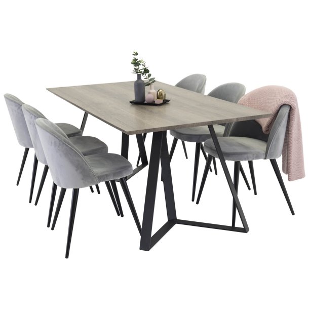 MarinaGRBL spisegruppe spisebord el tre dekor gr og 6 Velvet spisestuestoler velour lysegr.