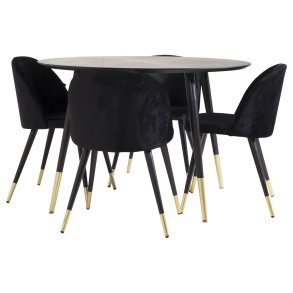 Dipp115BLBR matgrupp matbord svart och 4 Velvet matstola velour svart, mssing dekor.