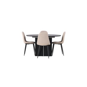 Matilda spisegrupper spisebord med uttrekk svart 4 stoler boucl� beige.