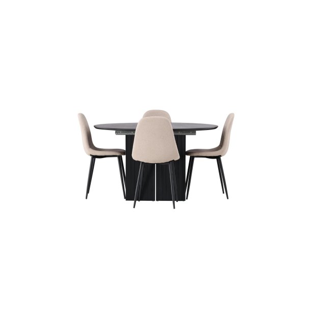 Matilda spisegrupper spisebord med uttrekk svart 4 stoler boucl� beige.