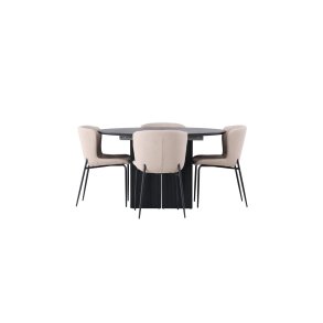 Matilda spisegrupper spisebord med uttrekk svart 4 stoler boucl� beige.