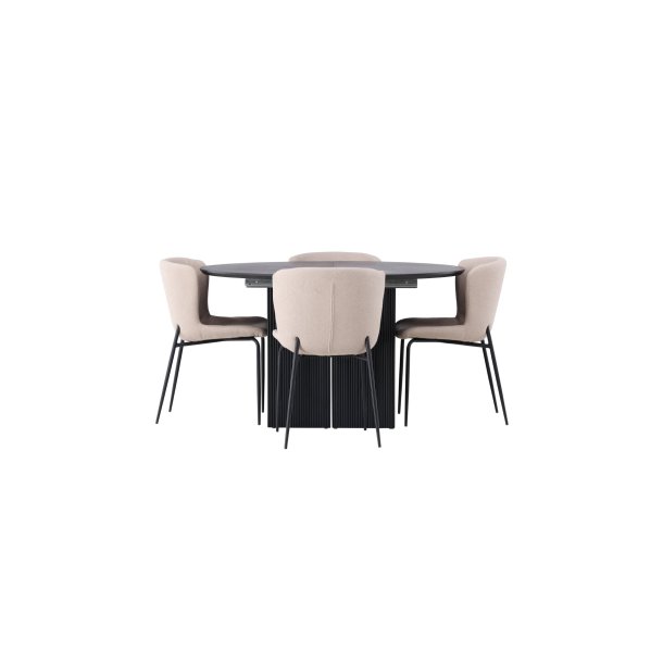 Matilda spisegrupper spisebord med uttrekk svart 4 stoler boucl� beige.
