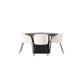 Matilda spisegrupper spisebord med uttrekk svart 4 stoler velur beige.