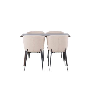 Kaseidon Essgruppe Esstisch dunkelbraun 4 Stühle Bouclé beige.