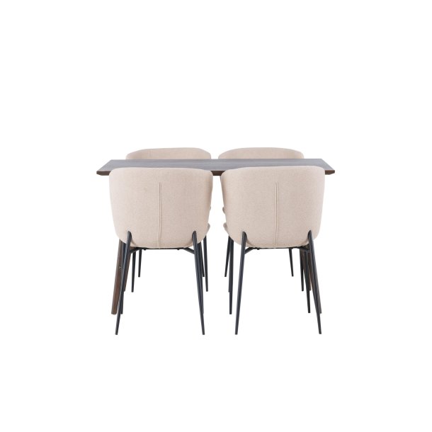 Kaseidon Essgruppe Esstisch dunkelbraun 4 Stühle Bouclé beige.