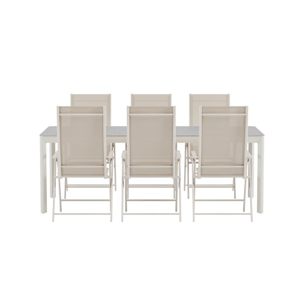Lino hagesett bord 100x220 cm beige 6 stoler beige.