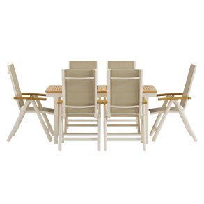 Panama hagesett uttrekksbord 90x160 cm natur 6 stoler beige.