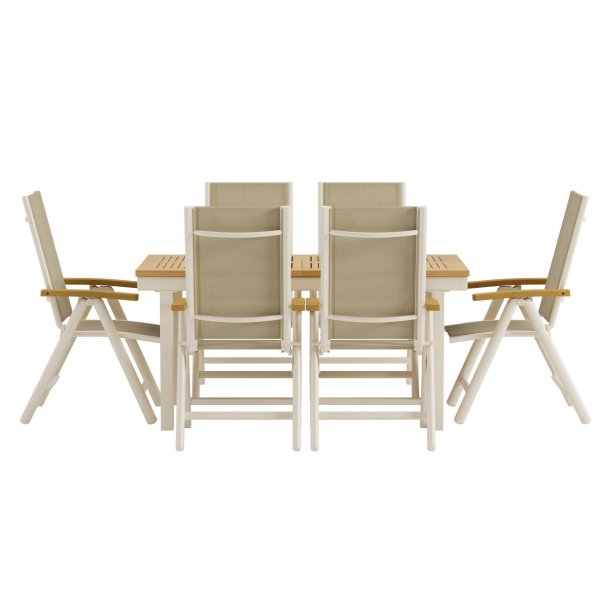 Panama hagesett uttrekksbord 90x160 cm natur 6 stoler beige.