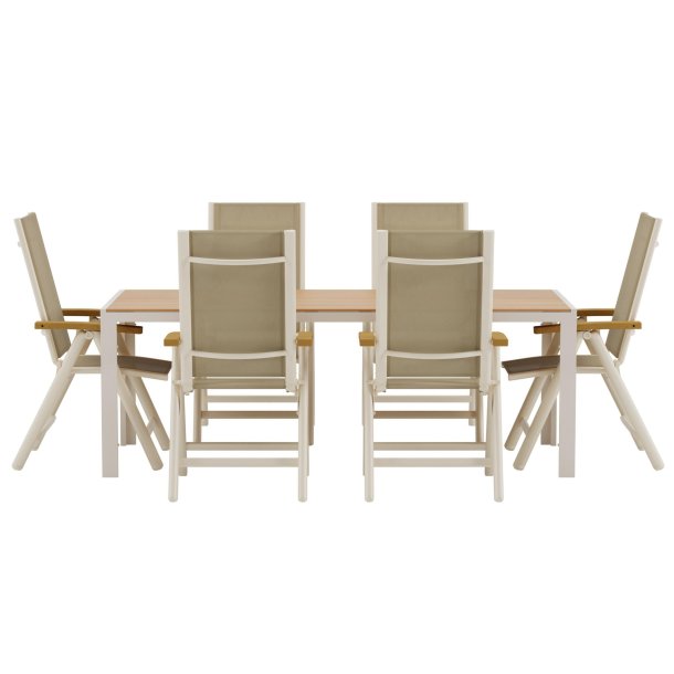 Break hagesett bord 90x200 cm natur 6 stoler beige.