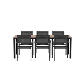 Bois hagesett bord 90x200 cm natur 6 stoler svart.