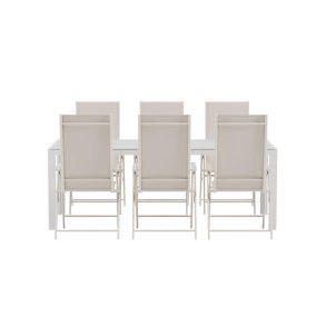 Break hagesett bord 90x200 cm hvit 6 stoler beige.