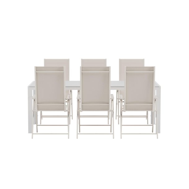 Break hagesett bord 90x200 cm hvit 6 stoler beige.