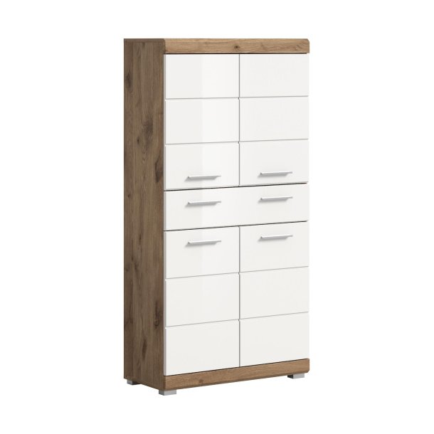 Wave Badschrank 4 Tren, 1 Schublade Wei hochglanz, Eiche Dekor.